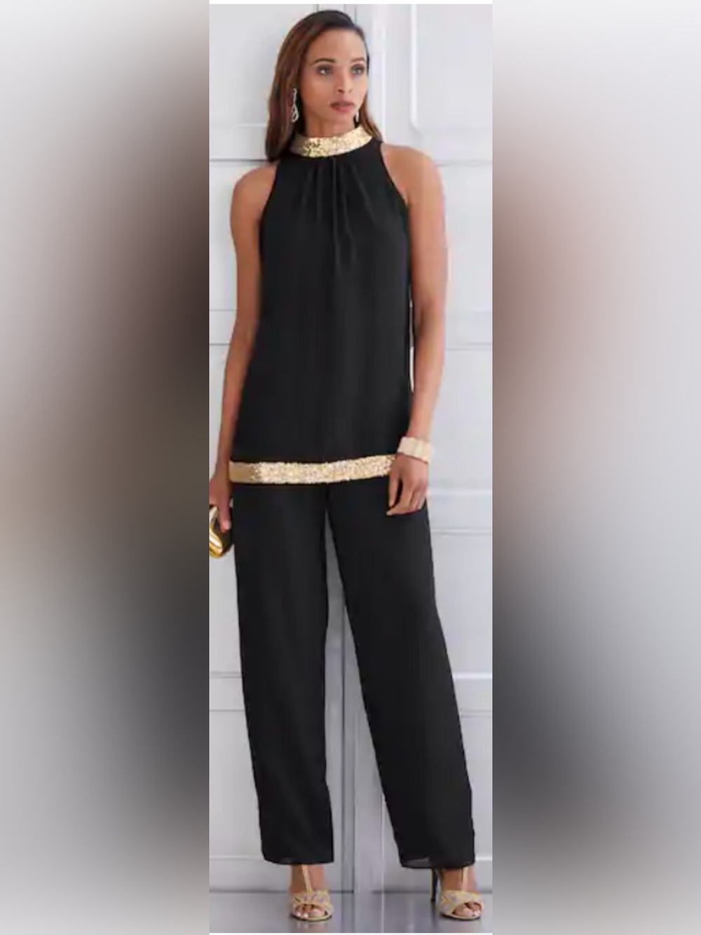 Ashro Black Wide-Leg 2 piece J
Set with Gold Sequin Trim